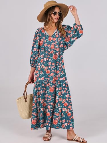 Image of ANRABESS Womens Boho Floral 3 /4 Puff Sleeve Maxi Dress | Tiered Flowy Loose Fit, Comfy Soft Rayon Fabric, Wedding Guest Church Beach, Modest Elegant, Spring Summer Fall Outfits