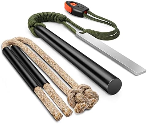 Terdemor Fire Starter for Campfires, The Professional Survival Kits Including a 5" Ferro Rod and Two 12" Nature Dry Tinder Wax Impregnated Hemp Rope