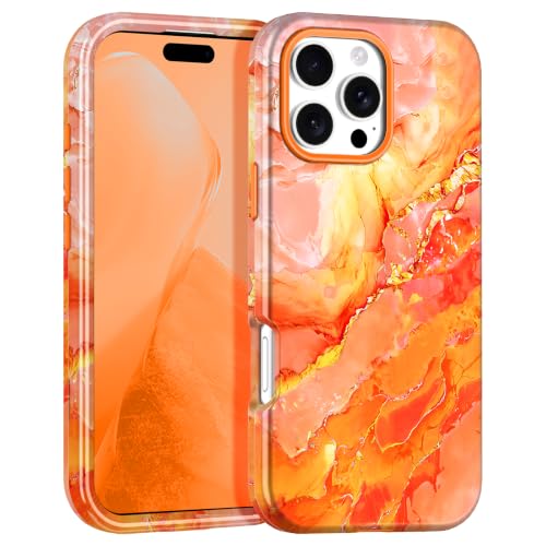 Casetego for iPhone 16 Pro Max Case,Three Layer Heavy Duty Sturdy Shockproof Protection Full Rugged Hard PC+Soft TPU Bumper Protective Girls Case for Apple iPhone 16 Pro Max 6.9 inch,Orange Marble