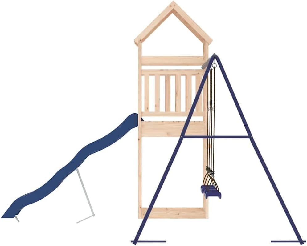 Outdoor Playset Natural Wood Blue Solid Pine Wood Polypropylene with Wavy Slide and Two Saddle Swings for Backyard Fun