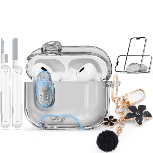 Image of for AirPods Pro 2nd 1st Case with Safety Lock,Clear Black | Clear Case with Phone Stand & Cleaner Kit,Cute Floral Chain for Women Girls,Soft TPU Protective Cover,Shockproof