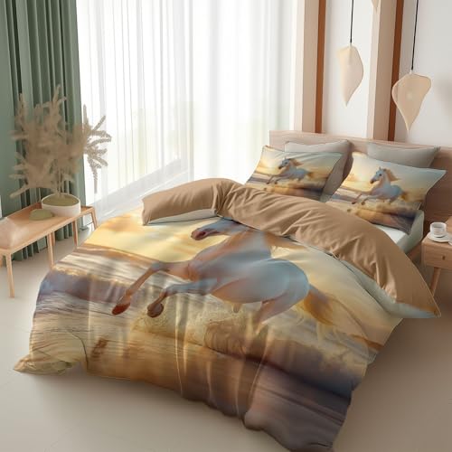Srigzcaly Juego de ropa de cama con cremallera, diseño de caballo blanco corriendo en la playa, 240 x 220 cm, color marrón