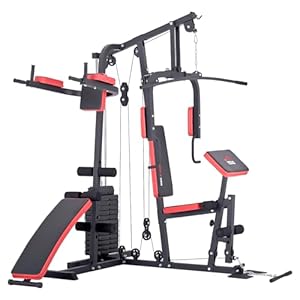 TrainHard® Kraftstation Multistation Fitnessstation Home Gym 65 kg Gewichten inkl. Dipstation Beinhebe, erweiterbar mit Sit Up Bank, Stepper, Push Up Bar, Boxsack mit Halterung, Speedball Plattform.