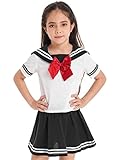 TiaoBug Mädchen Langarm Rockabilly 50er Vintage Retro Kleid Langarm weißes Hemd Bluse Schuluniform Kariert Faltenrock Einschulung Party für Kinder Schwarz E 158-164