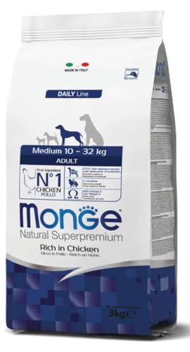 Monge Natural Superpremium Adult Rich in Chicken, Cibo per Cani di Tutte Le Razze (Cibo Secco per Cani da 10 a 32 kg, con Pollo, Molto Ricco di Fibre e vitamine, 3 kg)