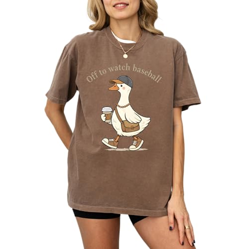 Off to Watch Baseball Duck Design - Womens Comfort Colors - Espresso Brown Funny Sports Mom Graphic Tee (US Alpha Large Regular Regular Espresso)