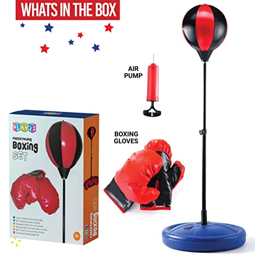 Play22 Kids Boxing Set - Kids Boxing Gloves And Punching Bag - Kids Punching Bag With Adjustable Stand & Pump - Pu Leather Freestanding Punching Bag For Kids, Boxing Bag Set Toy Gift For Boys & Girls #TOP7
