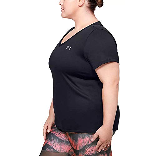 Under Armour Womens Tech Short-Sleeve V-Neck - Solid , Black (002)/Metallic Silver , 1X #TOP1