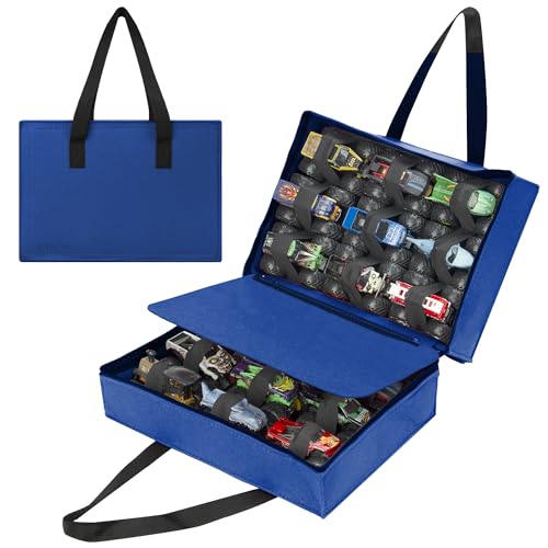 JOYMOMO Felt Monster Trucks Display Case Compatible with Toy Trucks, Portable Carrying Bag Fit for 18 Monster Trucks Storage(Bag Only) (Blue)