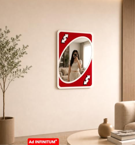 Image of AD INFINITUM Multilayer Wooden Wall Art With Mirror Hanging Decor for Contemporary Home, Bedroom, Living Room, Office etc., (UNO Reverse Red)