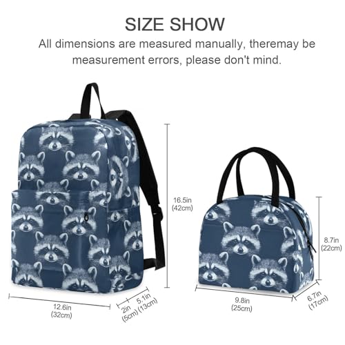 Backpack Lunch Box Set Large Capacity Travel Backpacks and Insulated Lunch Bag for Commute Hiking Picnic Raccoon Faces Print2