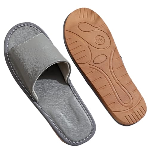 GHYUBYER Mens Leather Slippers Open Toe Summer Sandals，Women PU Slippers Non Slip Home Bedroom Shoes House Comfy Indoor Outdoor Slippers(Color:Gray,Size:43/44EU)