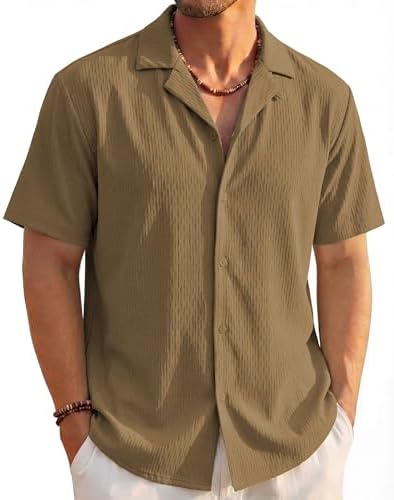 EKLENTSON Mens Button Down Shirt Short Sleeve Textured Cuban Shir...