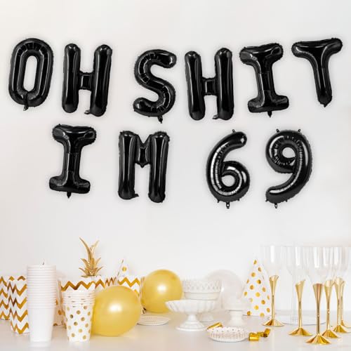 Image of Oh I'm 69! Latex Balloons 16 Inch Black Hallo Sixty Nine Cheers to 69 Years Old Theme Decor for Man Woman Happy 69th Birthday Party Photo Studio Prop Flag Decorations Favors Supplies