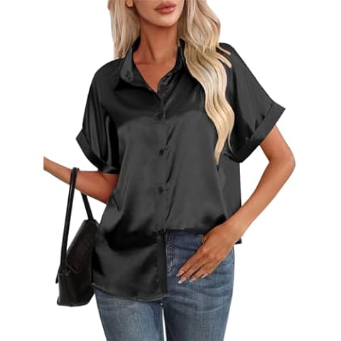 DAIMIDY Women's Silk Satin Button Down Short Sleeve Shirts V-Neck Blouse Casual Office Work Tunic Tops, Black, X-Large Cover