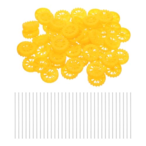 MECCANIXITY 100pcs Toy Car Tires 35mm OD, 8mm Thick, RC Model Car Wheels with 2mm OD x 100mm Long Shaft for Craft Project Hobby, Yellow