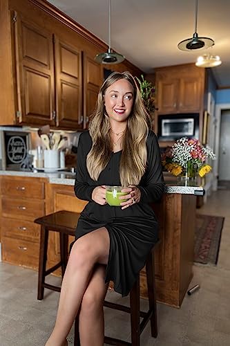 Ekouaer Womens Nightgown Long Sleeve Button Down Nightshirt V-Neck Sleepwear Loose Pajama Dress For Autumn/Winter Black #TOP3