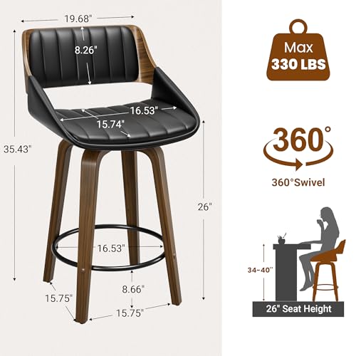 Image of YaFiti Bar Stools Set of 4, 26 inch Swivel Counter Height Barstools with Bentwood Back and Legs, Mid Century Modern Upholstered Faux Leather Counter Stools for Kitchen Island, Bar, Dining Room, Black