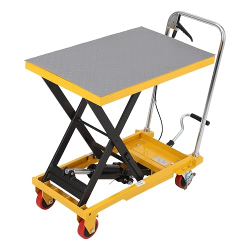 Garvee 1100 lbs Manual Hydraulic Scissor Lift Table, Single Scissor Industrial Cart, Mobile with 4 Wheels, Anti-Slip Platform, Adjustable Height 35.4 in, Yellow