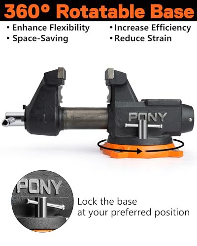 Image of PONY 4 Inch Heavy Duty Bench Vise 4400LBS Clamping Force, Pro Workshop Workbench Vise with 360-Degree Rotatable Base and Anvil, 4-Inch Jaw Opening and Width for Woodworking, Drilling, Pipe Cutting