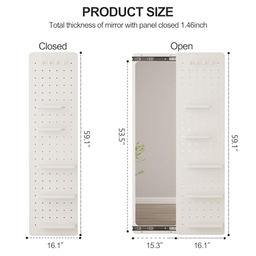Image of KungFuWood Full Length Mirror with Shelf and Hooks,Entry Way Mirrors for Wall,Wall Mirror with Shelf,Wall Mirror with Storage Multifunctional Design Panel,Living Room (White, 63 inch L x 18 inch W)