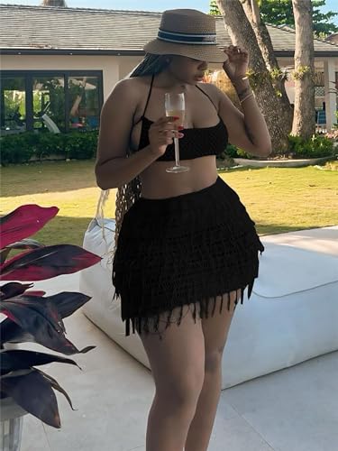 Image of CALEBGAR Women 2 Piece Outfits Sexy Crochet Mini Dress Hollow Tassel Skirts Sets Summer Bandage Tube Tops