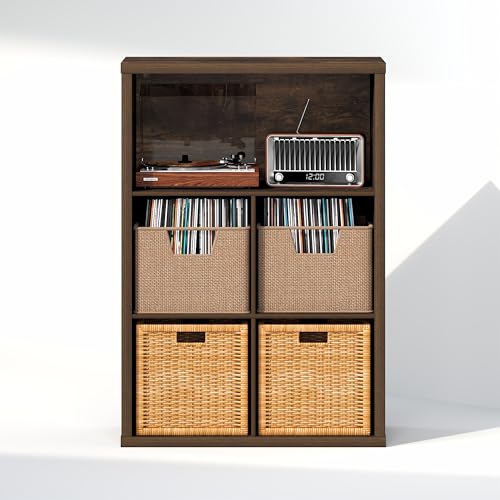 Image of Furinno Cubicle Record Player Stand, 5-Cube Record Storage, Amber Pine | Vinyl Storage, 1.2 inchInch Extra Thick, Closed Back Media Shelf for CD DVD Bluray Game Disc, for Living Room, Home Office
