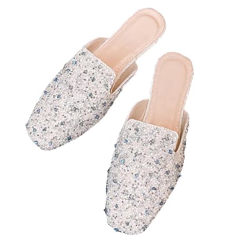 Stunner Women's Flat Mules Square Toe Bowtie Rhinestone Backless Mulers Shoes Casual Walking Flat Loafers