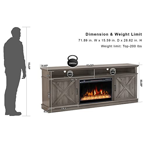 Oxhark Flame 72" Fireplace Tv Stand For Tvs Up To 80", Entertainment Center With 26" Electric Fireplace,5 Flame Colors Control With Remote, Farmhouse Cabinet Console Crossed Door, Grey #TOP3