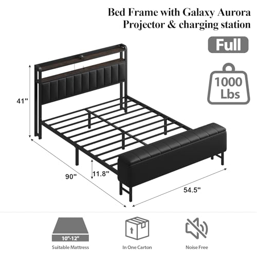 Image of Full Size Platform Bed Frame with Storage Headboard, Star Projector, Black | Charging Station, Heavy-Duty Metal Slats, PU Leather Upholstered Platform, Storage Ottoman, Noise-Free, No Box Spring Needed