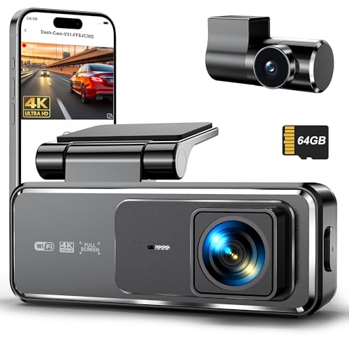 Dashcam Coche Delantera Trasera 4K+1080P, Cámara de Salpicadero 3.19 Pulgadas IPS, Tarjeta SD 64GB, Sensor G 170° Gran Angular, WiFi, Visión Nocturna, Estacionamiento 24H, Grabación en Bucle