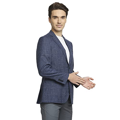 Image of Colorplus Men's Contemporary Fit Terry Rayon Blend Notch Collar Herringbone Pattern Full Sleeve Navy Casual Blazer