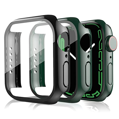 [2 Stück] Kompatibel mit Apple Watch Series 7 45mm Hülle, Hard Hülle mit Glas Displayschutz Ultradünne PC-Schutzhülle, Kratzfestes Schutzhülle für iWatch 7 Case(1 schwarz +1 Grün) Cover