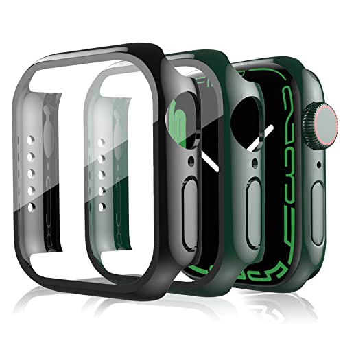 [2 pezzi] Compatibile con Apple Watch Series 7 45 mm Pellicola Protettiva, Custodia rigida con pellicola protettiva in vetro ultra sottile in PC, iWatch 7 Cover Custodia (Nero*1+Verde*1, 45mm)