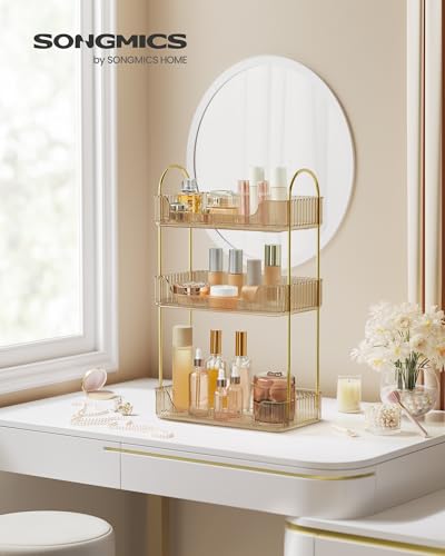 Image of SONGMICS Makeup Organizer, 3-Tier Countertop, Customizable, Champagne Gold | Customizable skincare organizer countertop, 2 types of accessories, jewelry holder, for vanity, bedroom, bathroom UJKA013A01