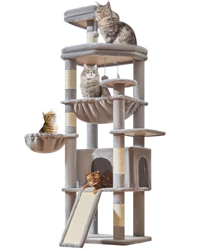 Taoqimiao キャットタワー 高さ約183cm 大型猫用 多頭飼い 猫タワー 据え置き型 省スペース 運動不足解消 安定感 天然麻紐の猫の爪とぎボード 特大扇形展望台 超スリム 猫ハウス 大型スクラッチボード 爪とぎポール5本 ハンモック バスケット 転倒防止ストラップ MS045W ライトグレーの商品画像（Amazon）