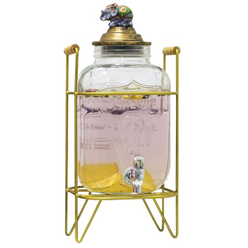 Glass Beverage Dispenser|5L Large Capacity Juice Dispenser|ABS Leak-Free Spigot And Resin Lid|Cold Drink Dispenser For Water,Juice,Beer,Punch,Iced Tea,Elephant,Base B