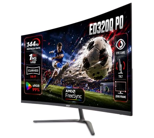 Image of Acer Nitro ED320Q P0 31.5 Inch Curved Gaming Monitor | Full HD 1920x1080 Resolution | 144Hz Refresh | 1ms VRB | AMD FreeSync | 1500R Curved Screen | ZeroFrame Display Widget | VisionCare | HDMI
