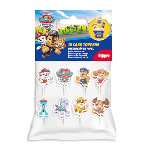 dekora, Cake Toppers Patrulla Canina, Kit para Decorar Cupcakes y Tartas, Ideal para Fiestas de Cumpleaños Infantiles, 8 Modelos, 16 Unidades de Papel