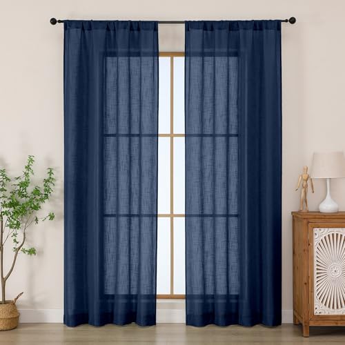 Chyhomenyc Navy Blue Semi Sheer Curtains 84 Inches Long 2 Panels Set Light Filtering Faux Linen Slub Textured Burlap Curtain for Bedroom Elegant Rod Pocket Window Curtains Drapes Each 42Wx84L