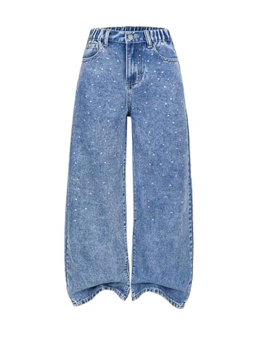 SHENHE Girl's Wide Leg Jeans Sparkly Rhinestone High Waisted Loose Casual Denim Pants