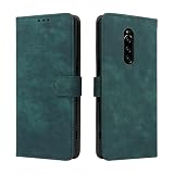 LMFULM® Hülle für Sony Xperia 1 J8110/ J8170/ J9110 (6,56 Zoll) PU Lederhülle Retro Gefrostet Magnetverschluss Handytasche Anti-Diebstahl-Bürste Brieftasche Stand Ledertasche Grün