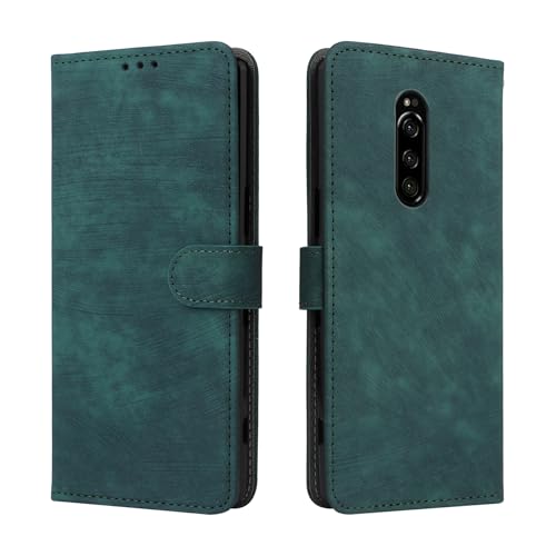 LMFULM® Hülle für Sony Xperia 1 J8110/ J8170/ J9110 (6,56 Zoll) PU Lederhülle Retro Gefrostet Magnetverschluss Handytasche Anti-Diebstahl-Bürste Brieftasche Stand Ledertasche Grün