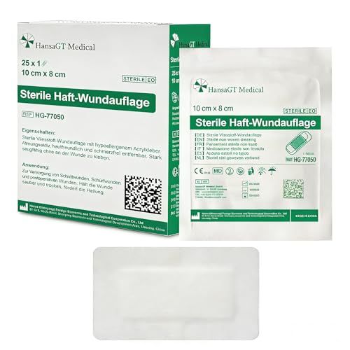 HansaGT Medical Steril Wundpflaster 10cm x 8cm, Steriler Wundverband für sensible Haut, Sensitiv & Selbstklebend Schützt bei Schnittwunden Kratzern zur äußeren Einzeln verpackt 25 Stück