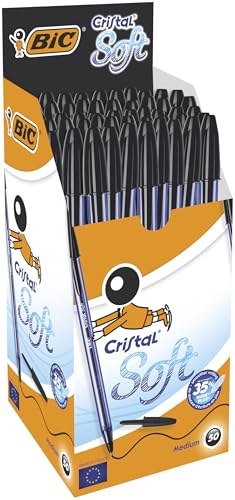 Stylos-bille BIC Cristal Soft encre noire anti-fatigue pointe moyenne boîte 50
