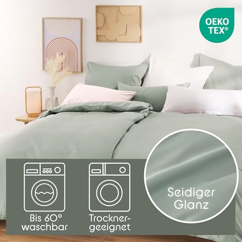Blumtal Mako Satin Bettwäsche 200x200 & 2X 80x80 cm Kissenbezug Grün - Oeko Tex Zertifizierte Satin Bettwäsche aus 100% Baumwolle - edler… – Ansicht 3