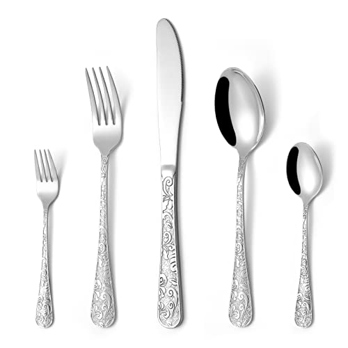20-Piece Vintage Carved Silverware Set, 18/10 Stainless Steel Flatware Set for 4, LaienLife Mirror Polished Modern Utensil Set, Including Forks Spoons Knife for Home & Kitchen, Dishwasher Safe Cutlery