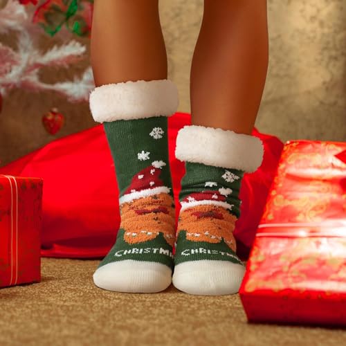 Image of Fourluoo 4 Packs Christmas Fuzzy Slipper Socks Xmas Fluffy Sherpa Thermal Socks with Grippers for Women men