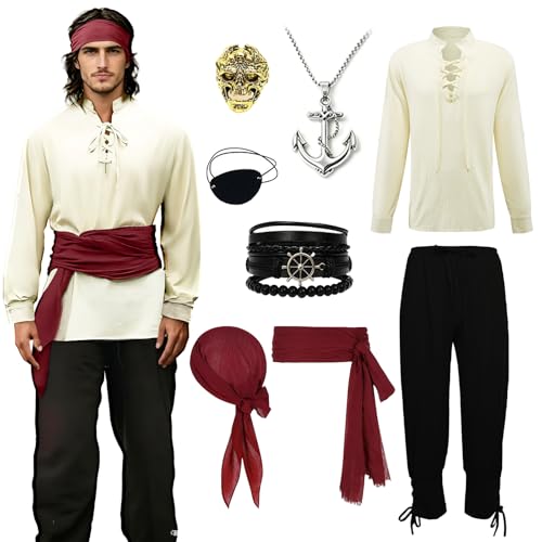 Herren Piratenkostüm Komplettset - Mittelalterlicher Renaissance Wikinger Outfit mit Stehkragen-Schnürshirt Hose & 8-teiligen Piraten Accessoires für Halloween Karneval Themenparty (Beige XL)