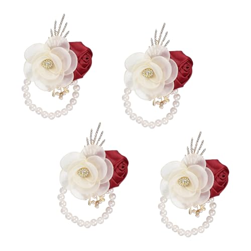Bracelet de poignet rose bordeaux pour mariage et bal (lot de 4 fleurs)